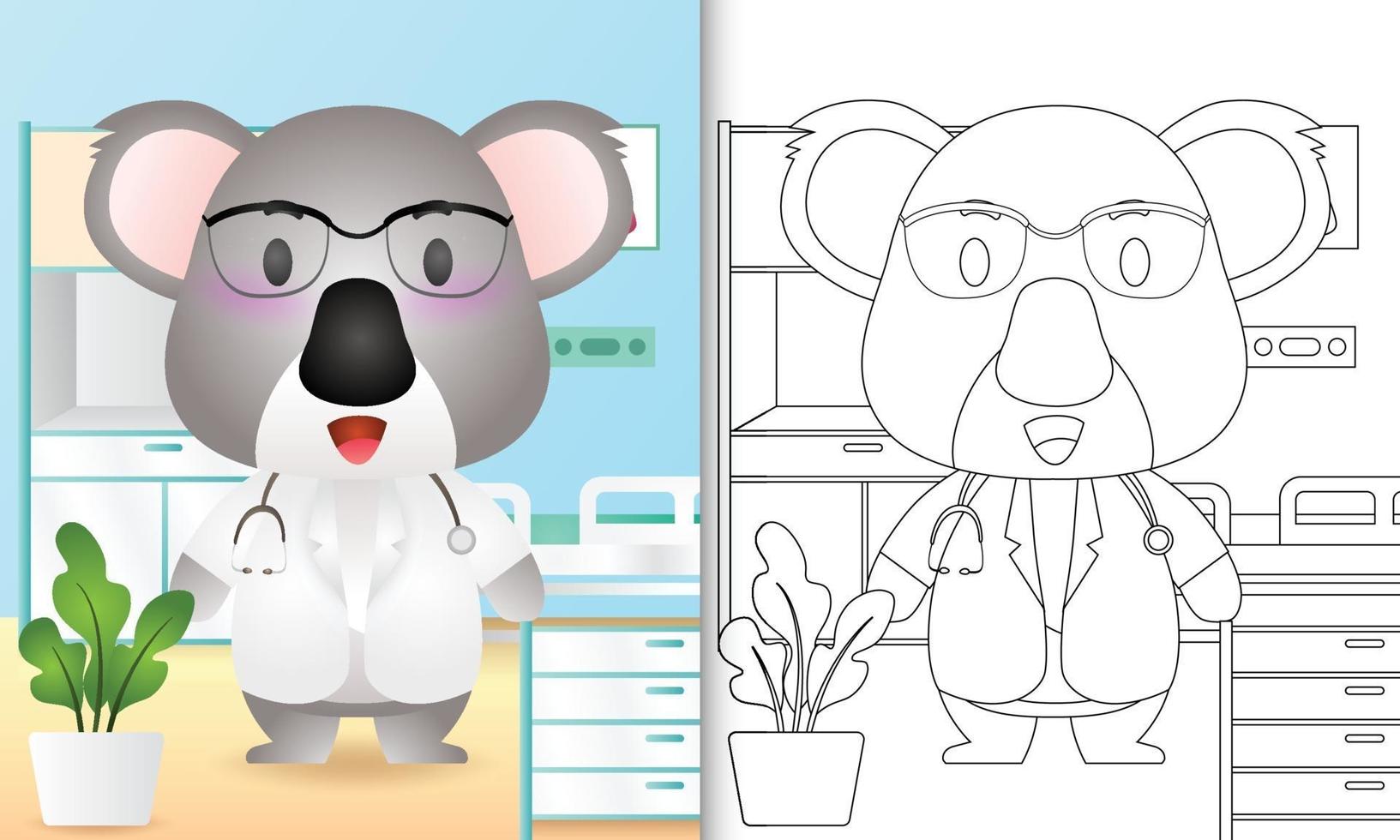 coloring book for kids with a cute koala doctor character illustration vector