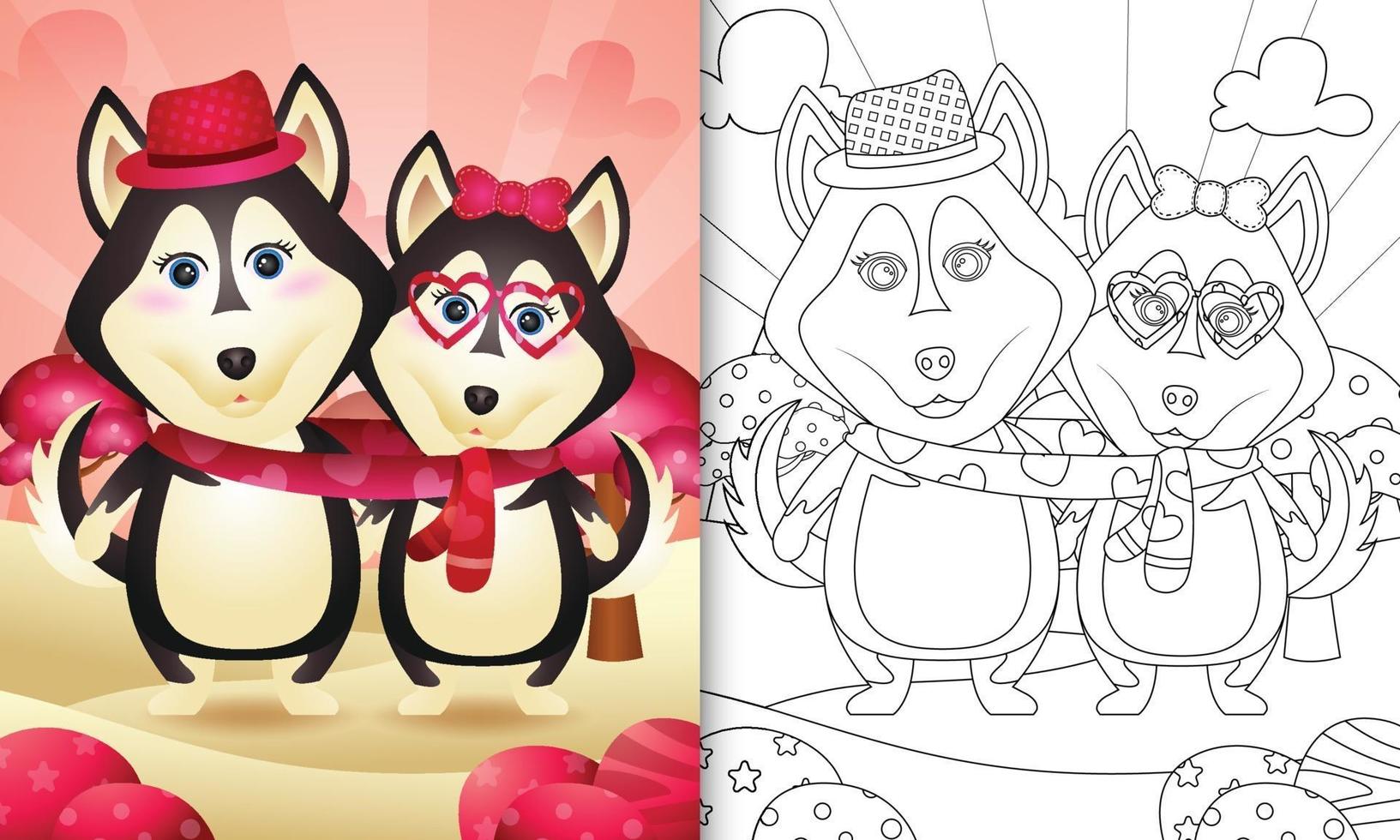 libro para colorear para niños con linda pareja de perros husky del día de san valentín ilustrada vector