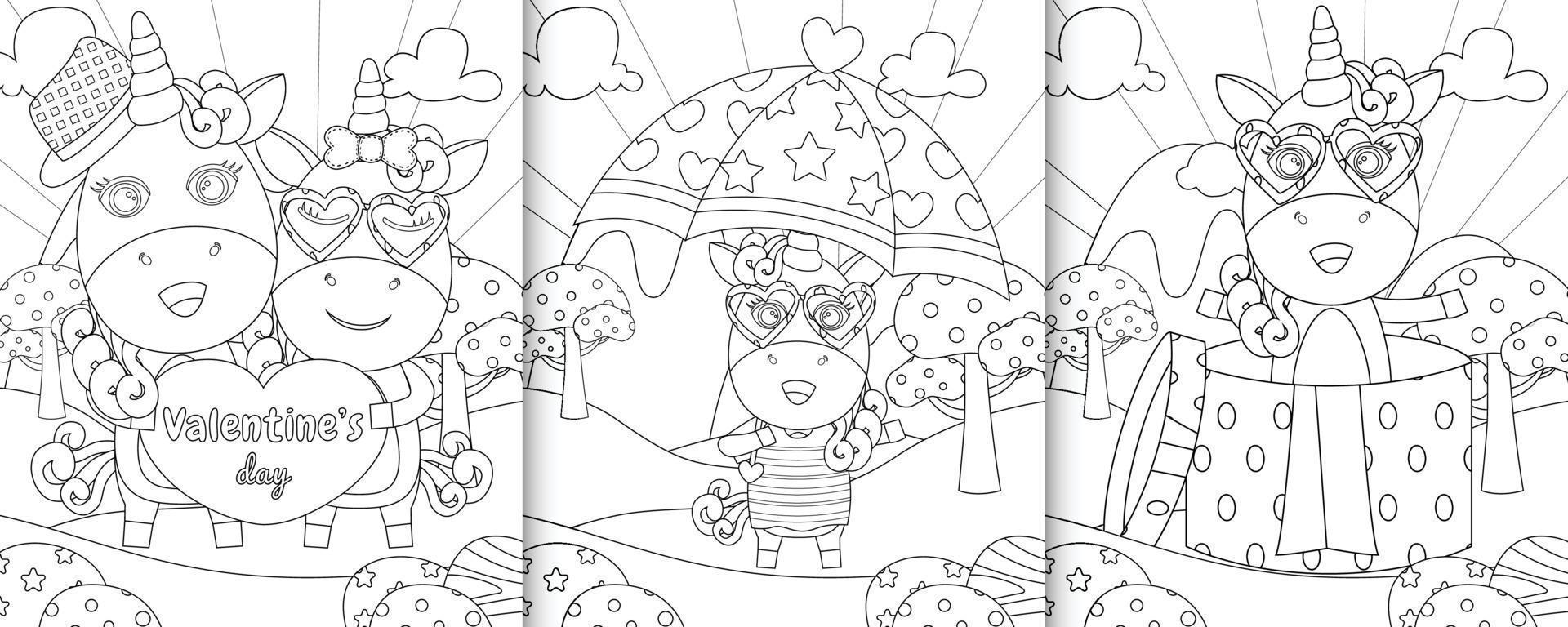 coloring book with cute unicorn characters themed valentine day vector