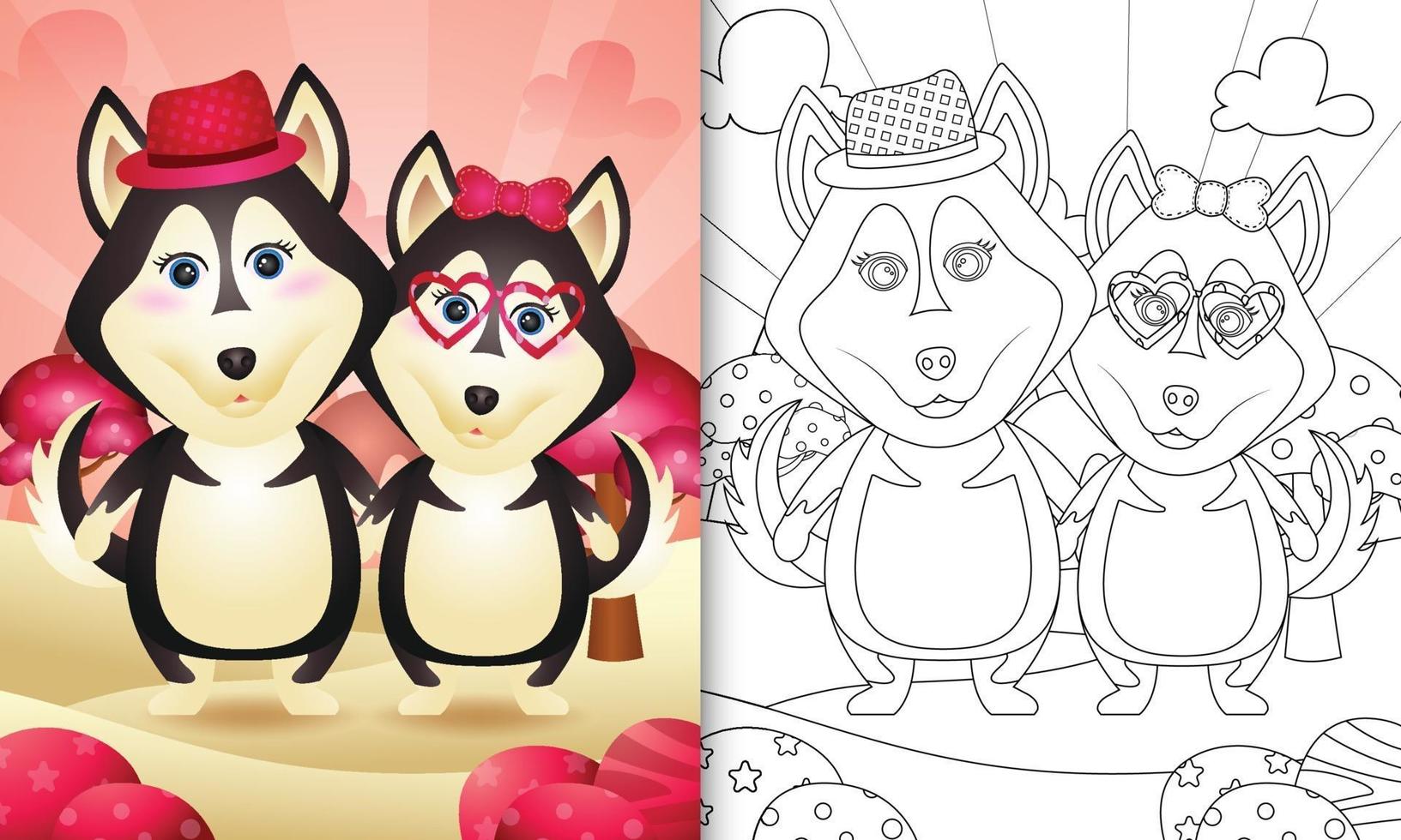 libro para colorear para niños con una linda pareja de perros husky con tema del día de san valentín vector