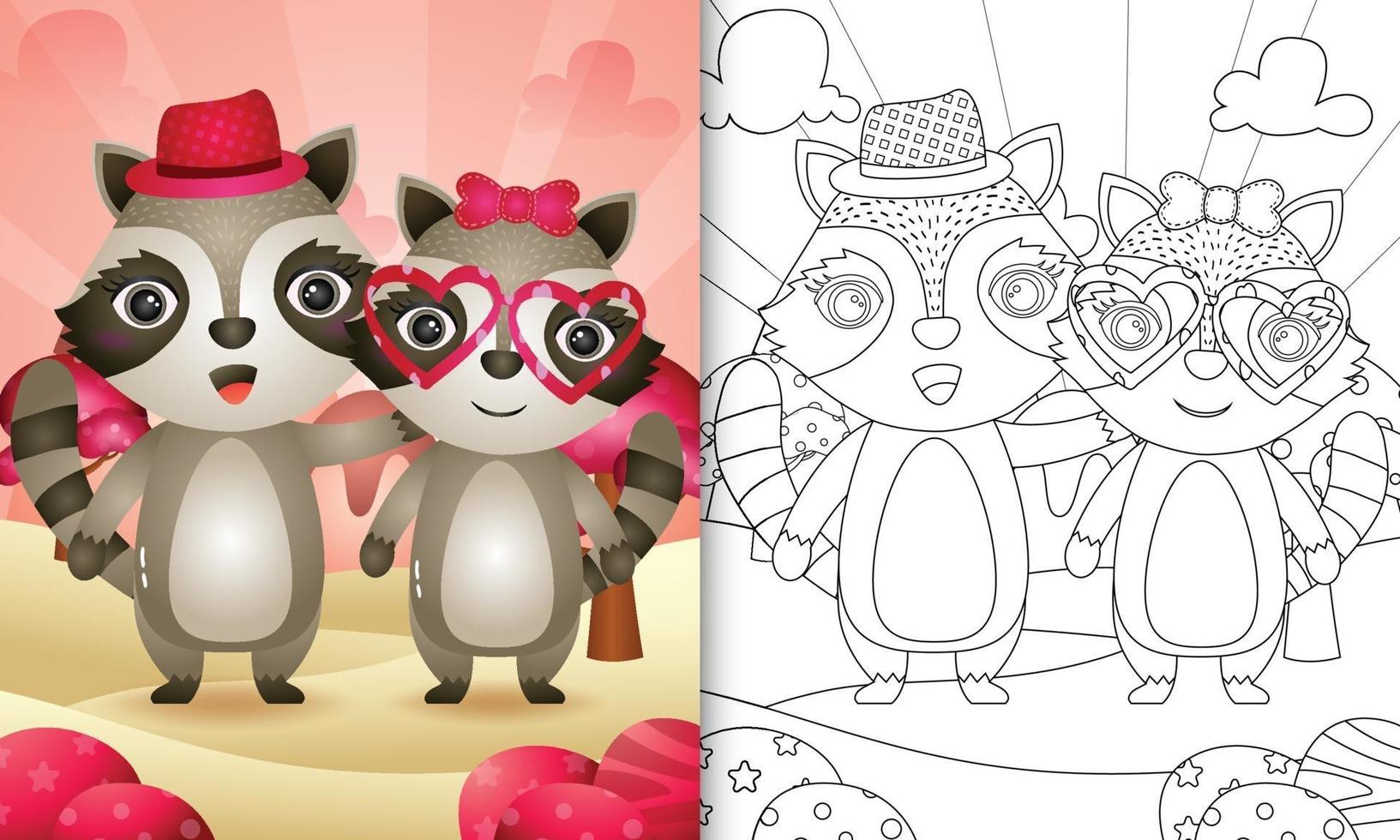 coloring book for kids with a cute raccoon couple themed valentine day vector