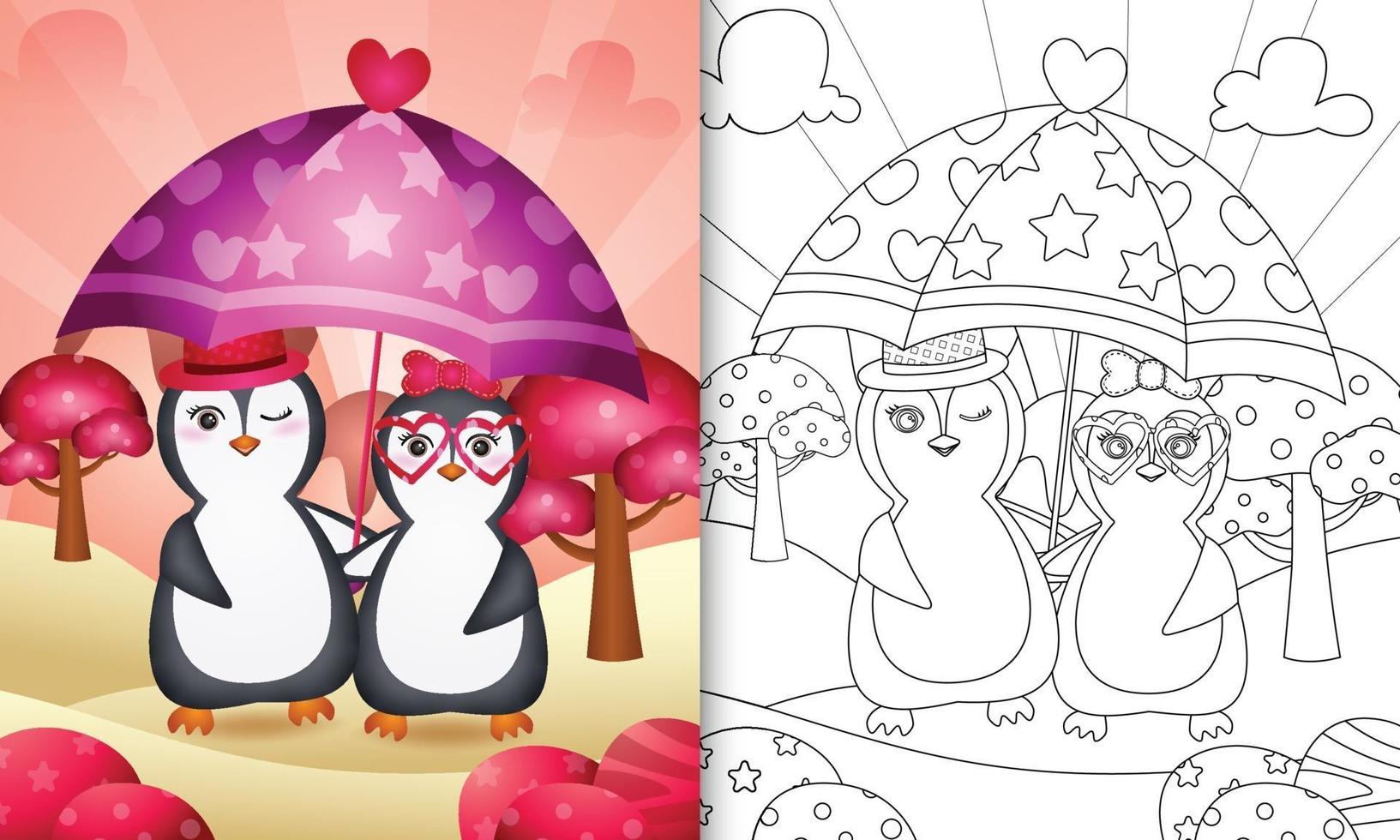 libro para colorear para niños con una linda pareja de pingüinos sosteniendo un paraguas temático día de san valentín vector