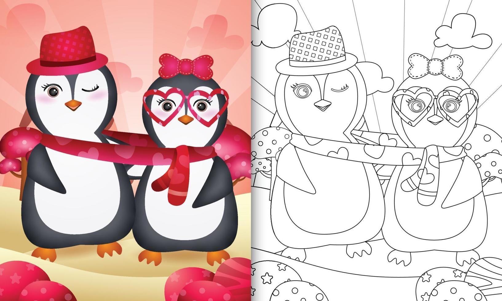 coloring book for kids with Cute valentine's day penguin couple illustrated vector