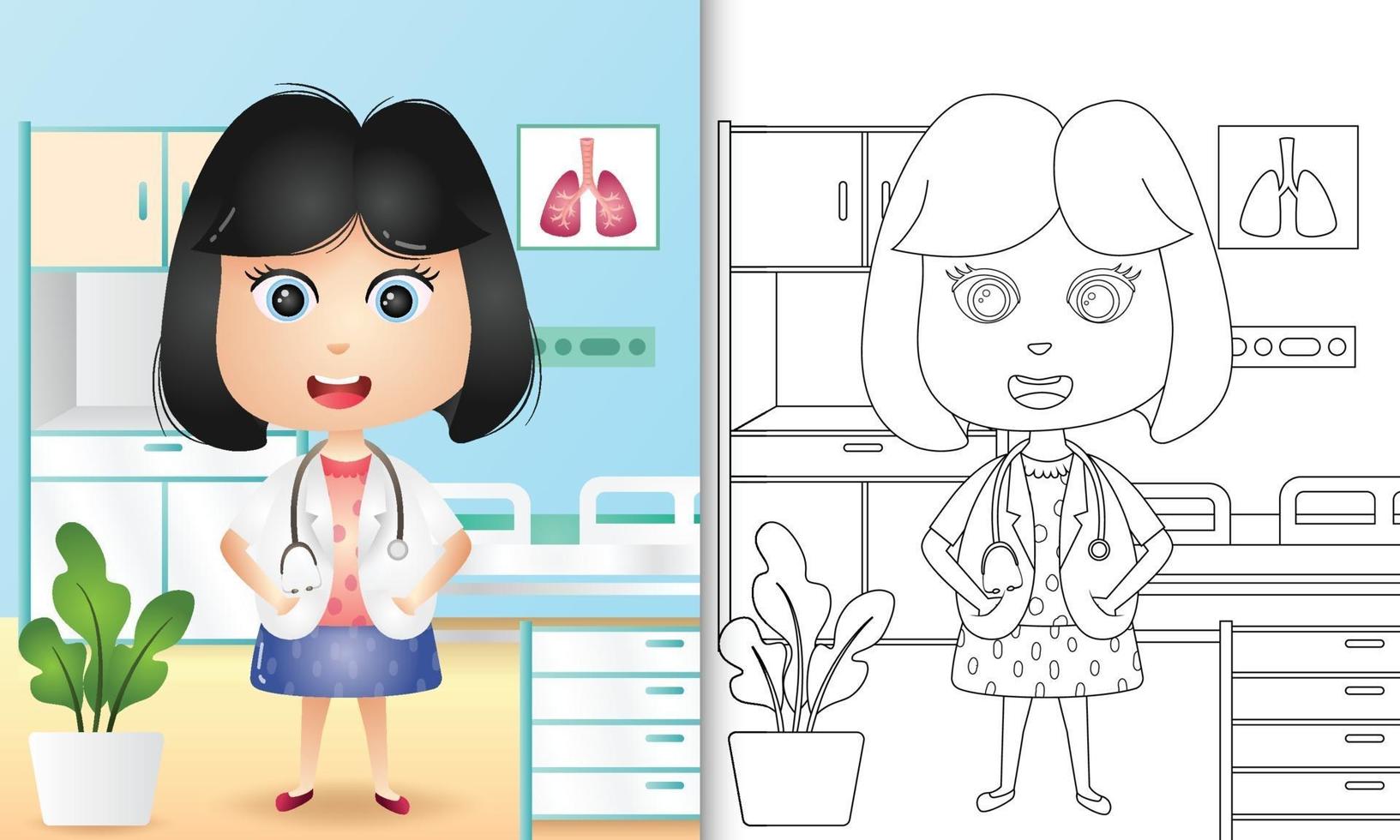 coloring book for kids with a cute girl doctor character illustration vector