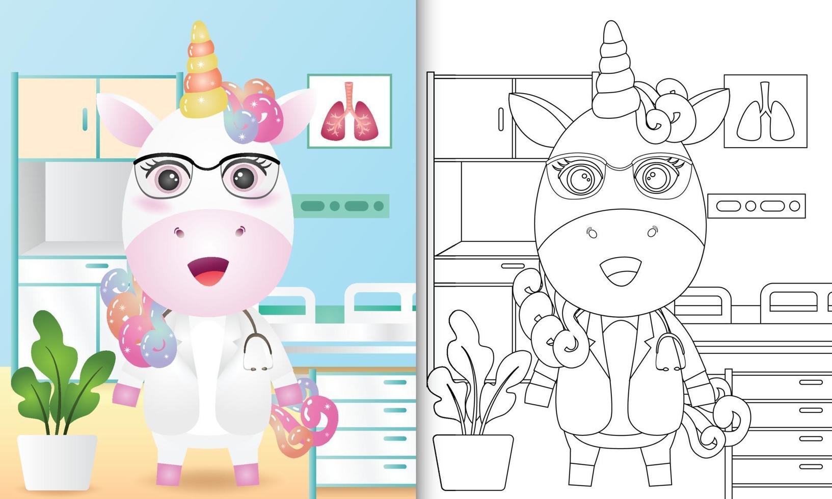 libro para colorear para niños con una linda ilustración de personaje de doctor unicornio vector