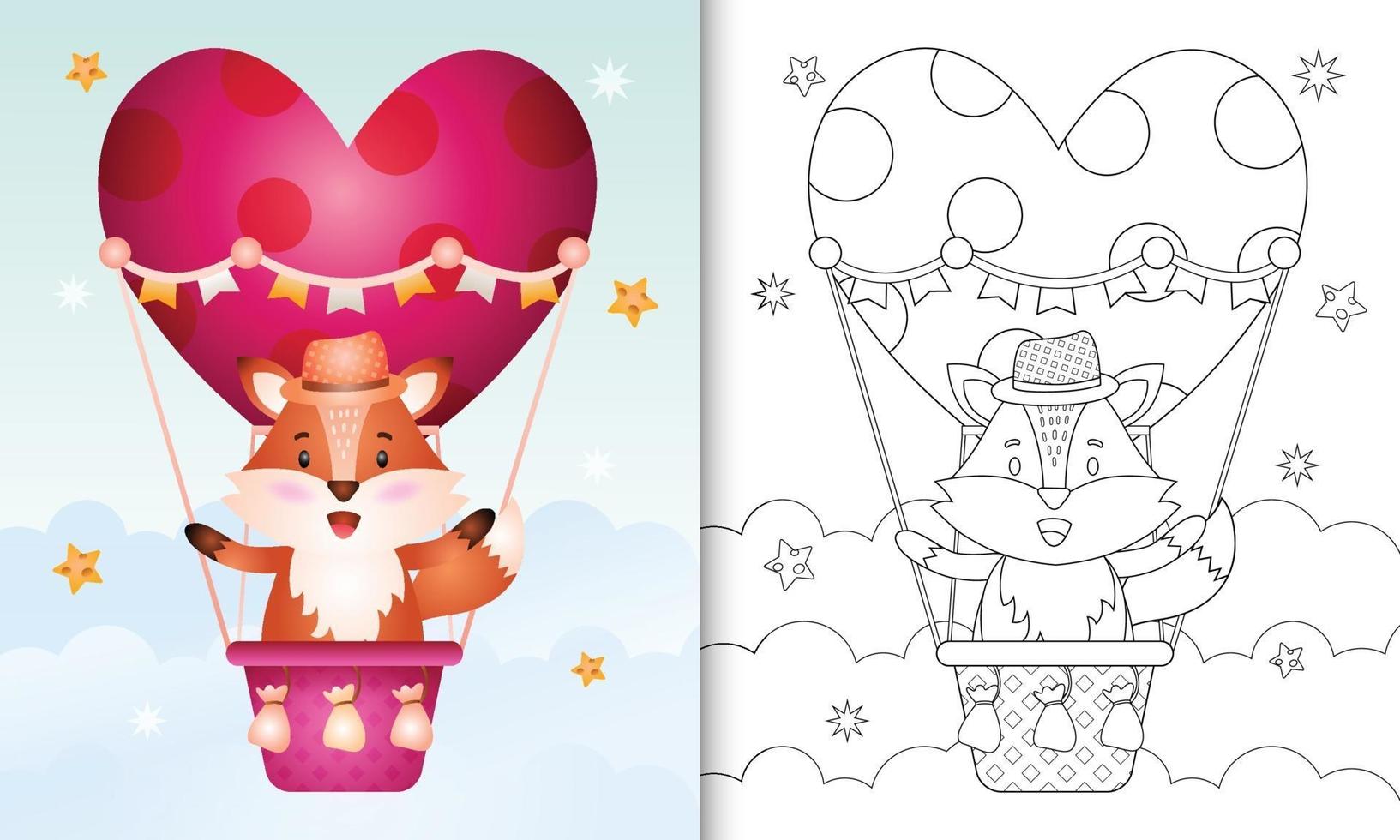 libro para colorear para niños con un lindo zorro macho en globo aerostático con tema de amor día de san valentín vector