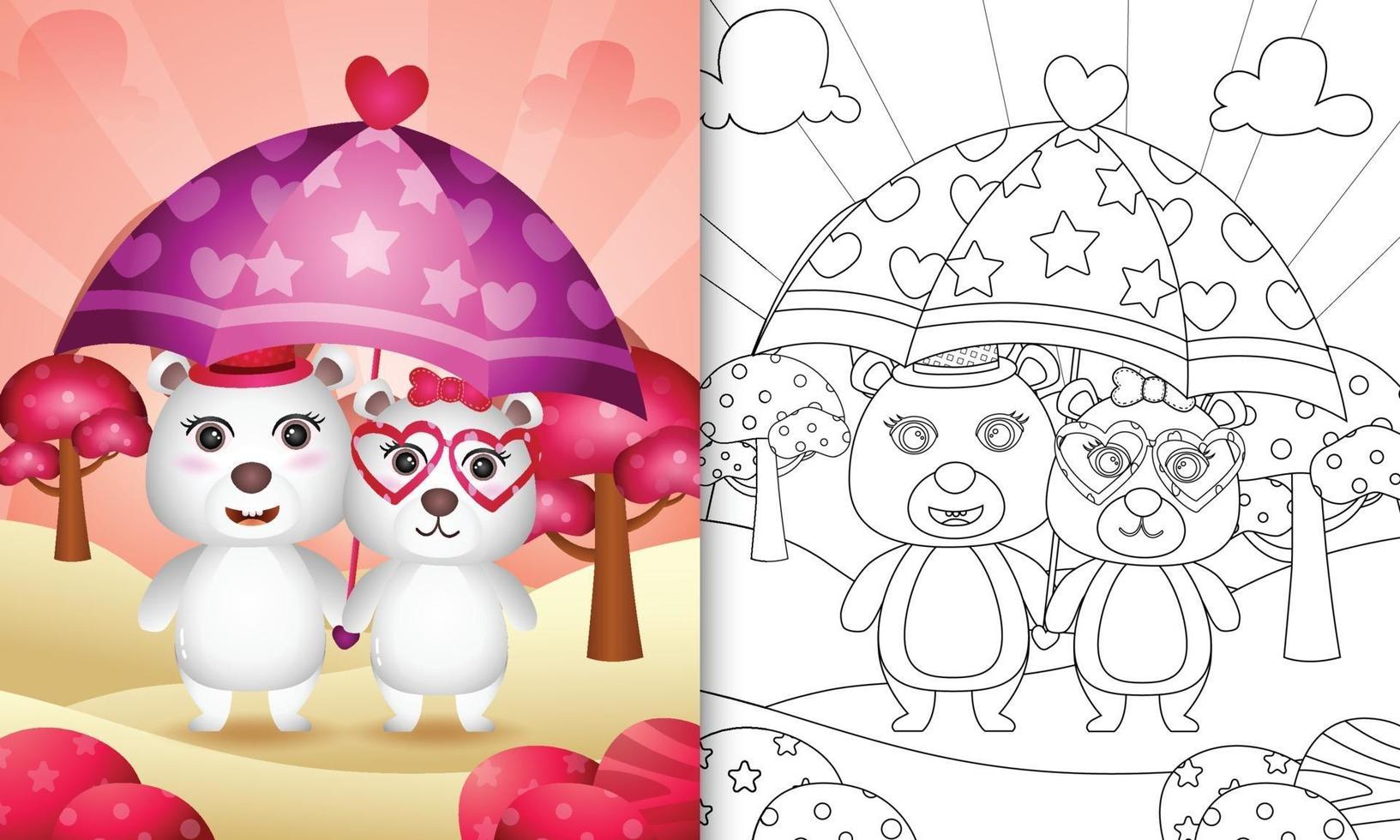 libro para colorear para niños con una linda pareja de osos polares sosteniendo un paraguas el día de san valentín vector