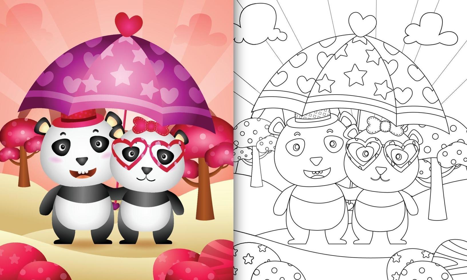 libro para colorear para niños con una linda pareja de pandas sosteniendo un paraguas temático día de san valentín vector