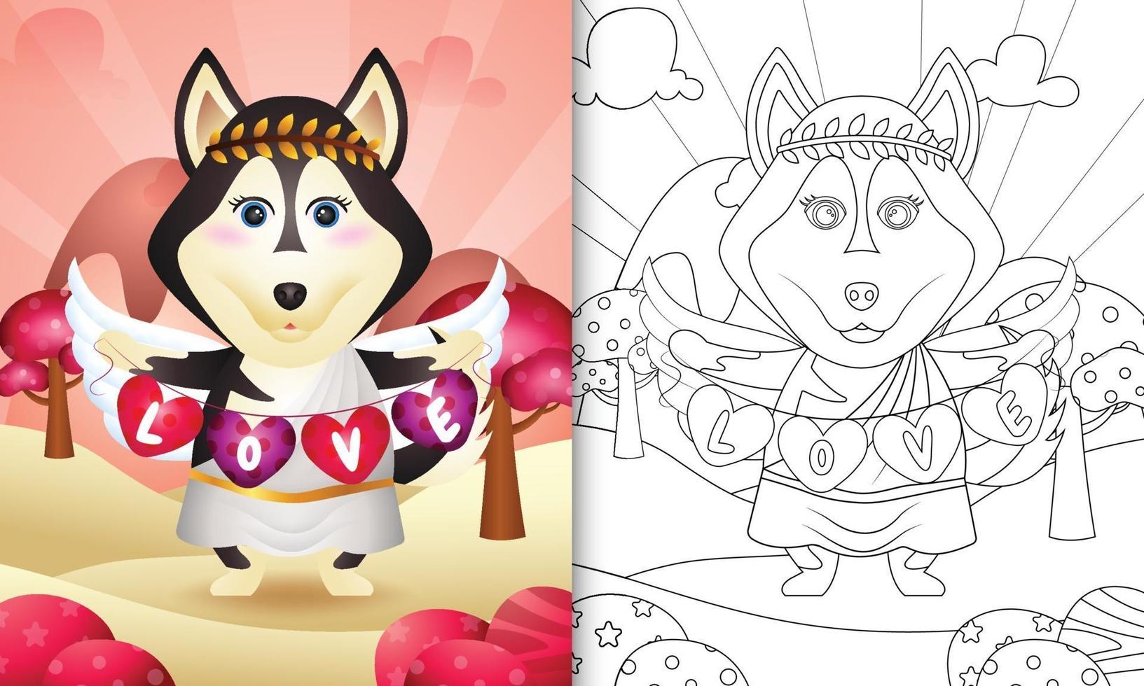 libro para colorear para niños con un lindo ángel perro husky usando disfraz de cupido sosteniendo una bandera en forma de corazón vector