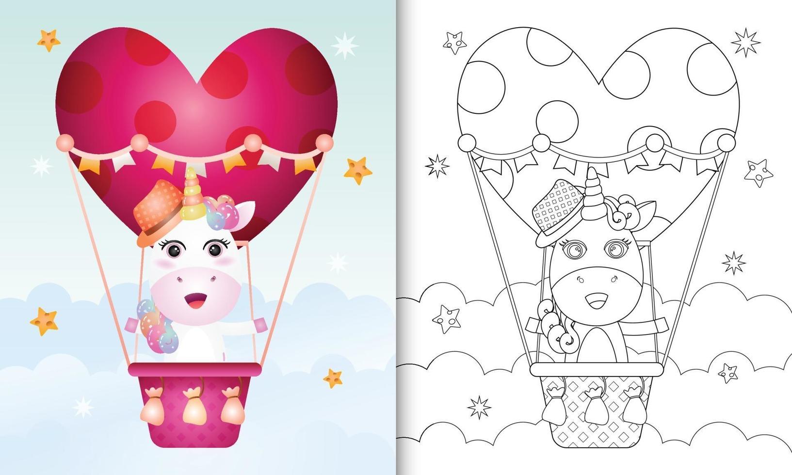 libro para colorear para niños con un lindo unicornio masculino en globo aerostático con tema de amor día de san valentín vector