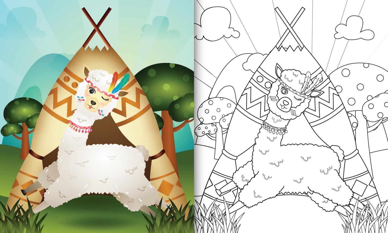 coloring book for kids with a cute tribal boho alpaca character illustration vector
