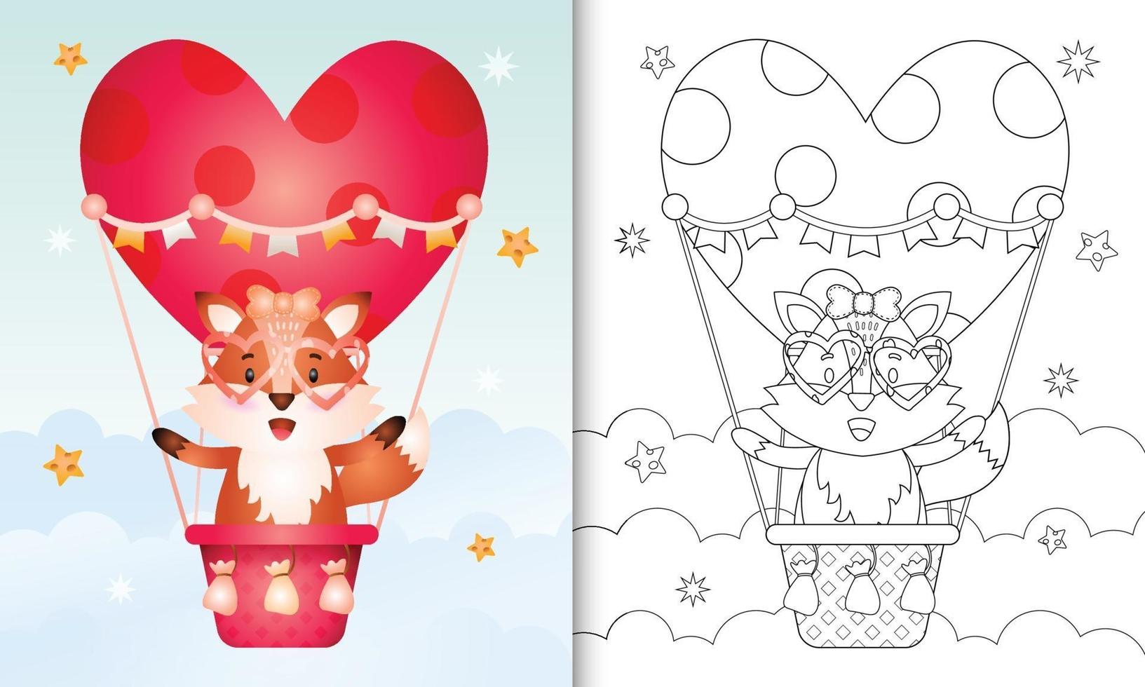 libro para colorear para niños con una linda zorra en globo aerostático con tema de amor día de san valentín vector