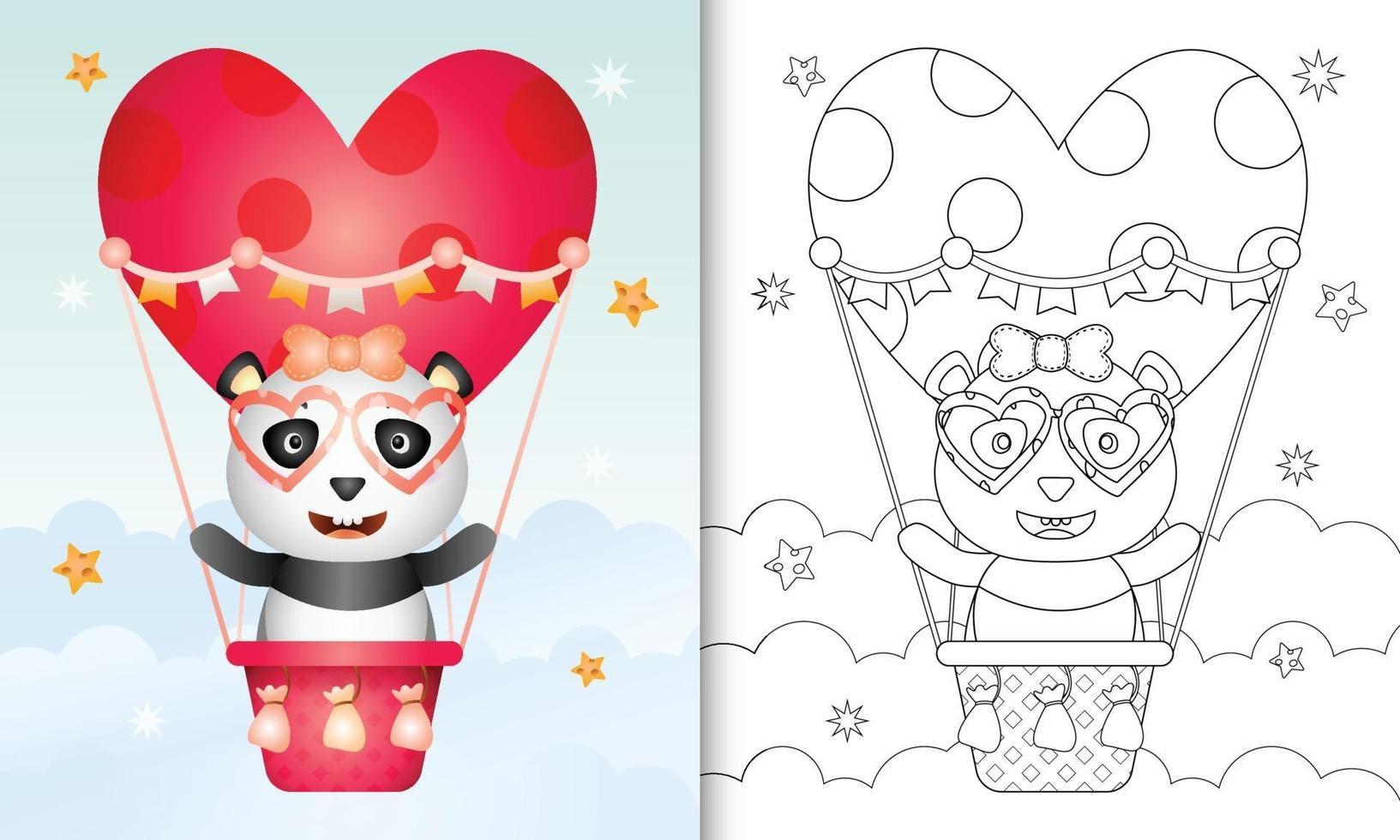 libro para colorear para niños con una linda hembra panda en globo aerostático con tema de amor día de san valentín vector