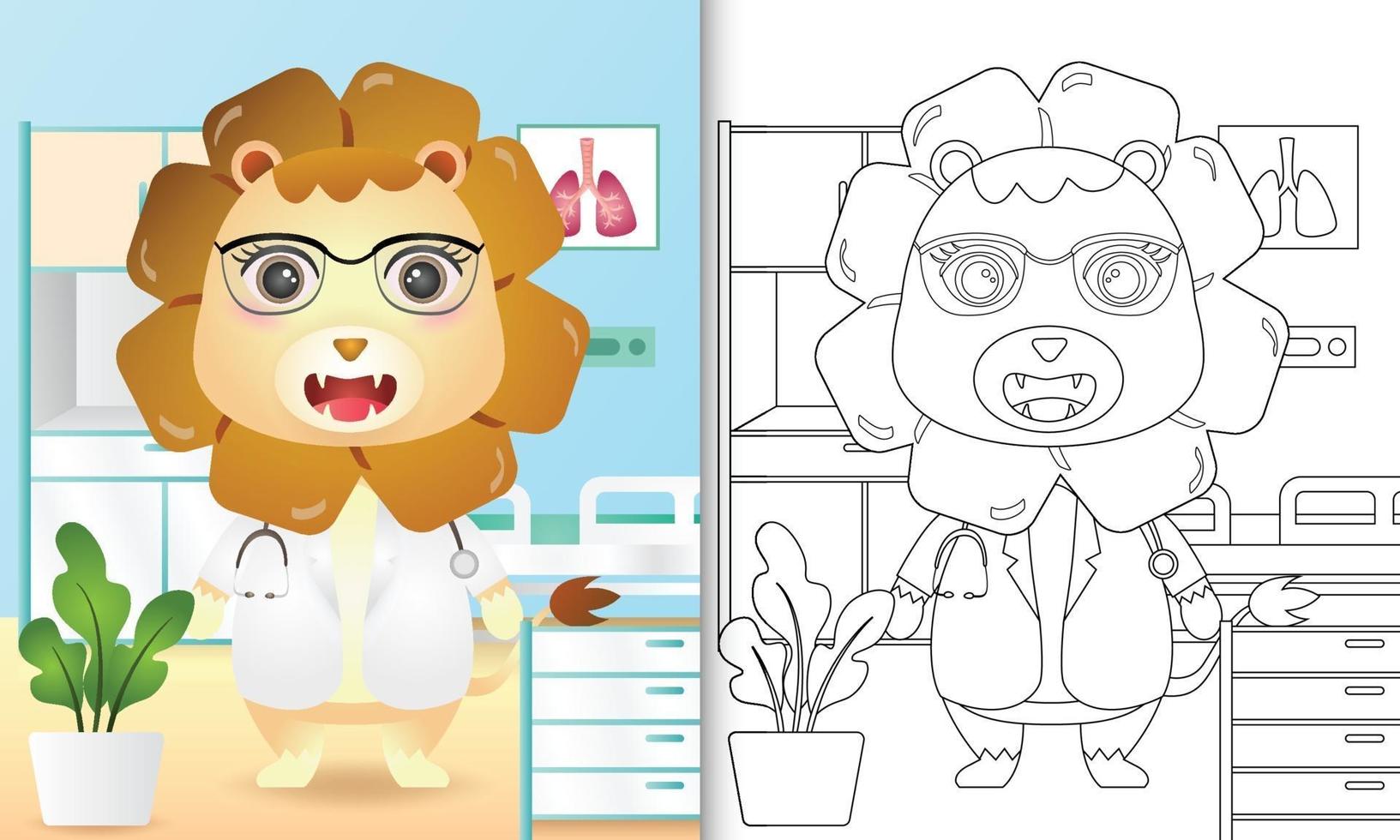 coloring book for kids with a cute lion doctor character illustration vector