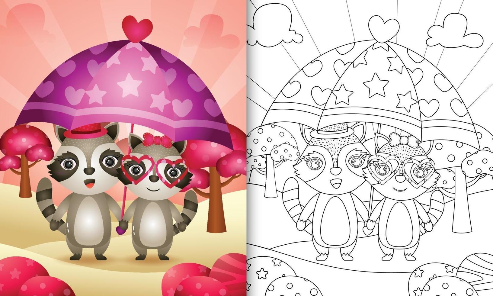 libro para colorear para niños con una linda pareja de mapaches sosteniendo un paraguas temático día de san valentín vector