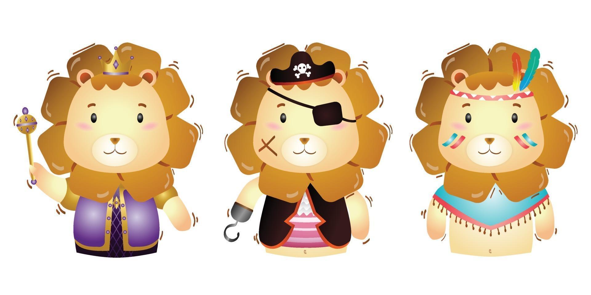 Vector cartoon set of cute king, pirates, and apache lion
