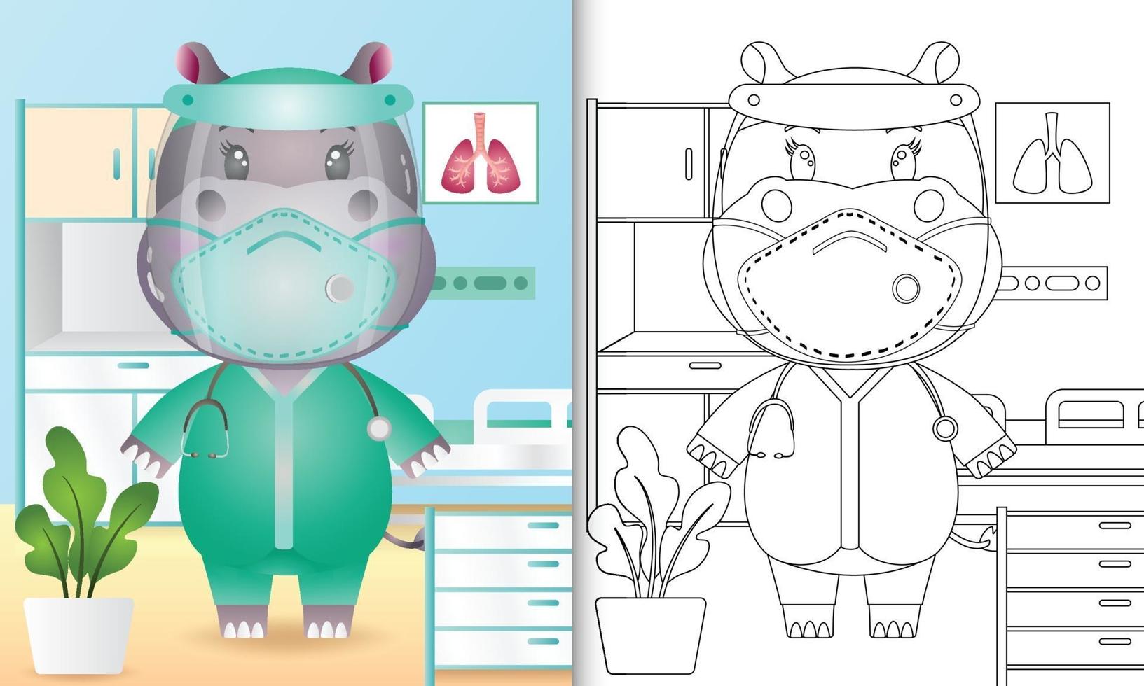 libro para colorear para niños con una linda ilustración de personaje de hipopótamo usando el traje del equipo médico vector