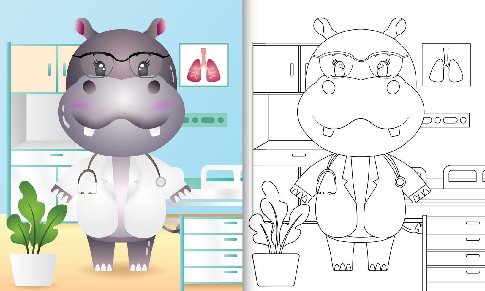 libro para colorear para niños con una linda ilustración de personaje médico hipopótamo vector