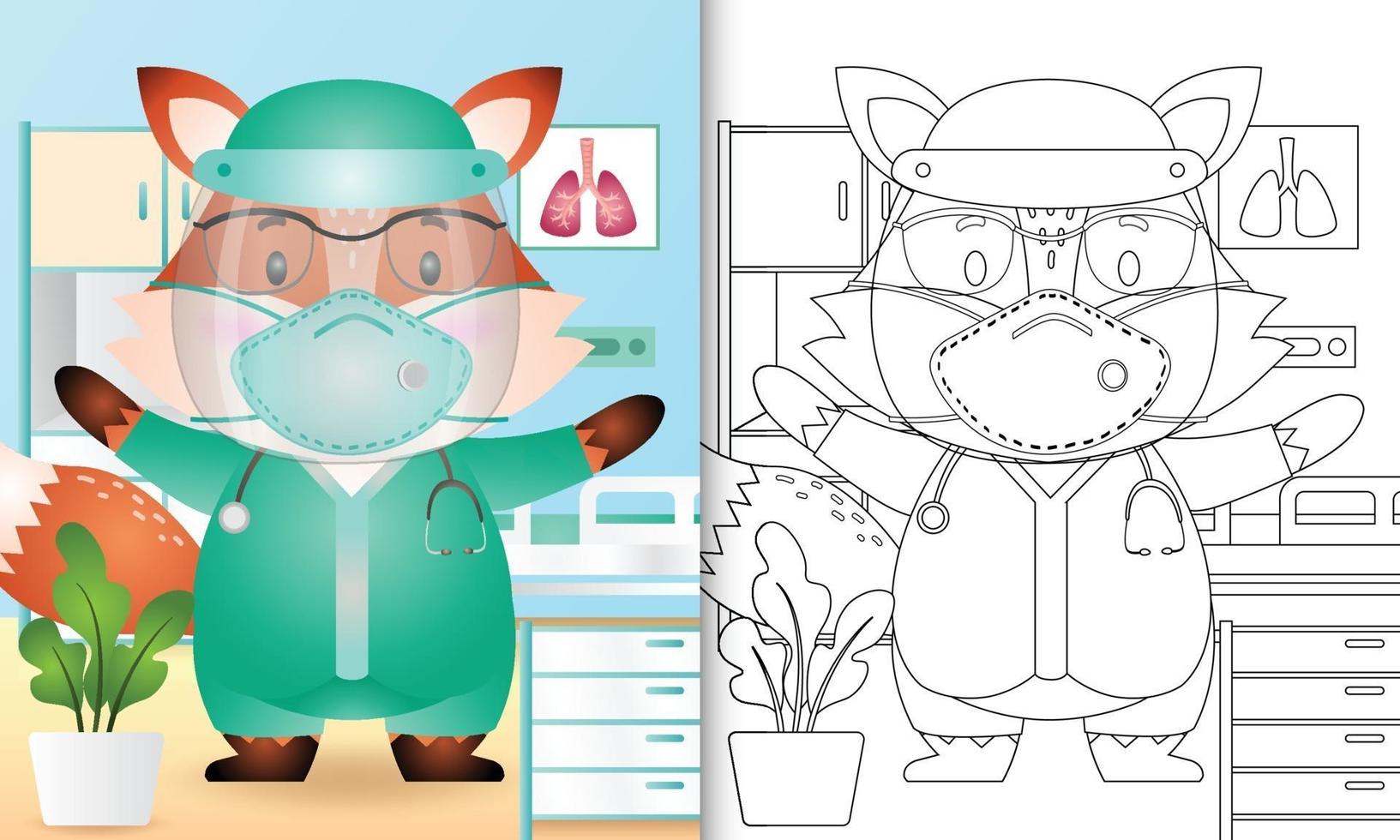 coloring book for kids with a cute fox character illustration using medical team costume vector