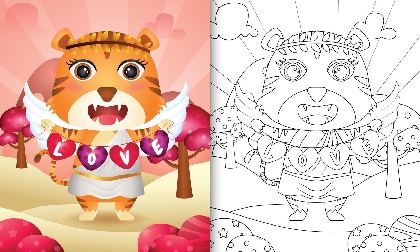 libro para colorear para niños con un lindo ángel tigre usando un disfraz de cupido sosteniendo una bandera en forma de corazón vector