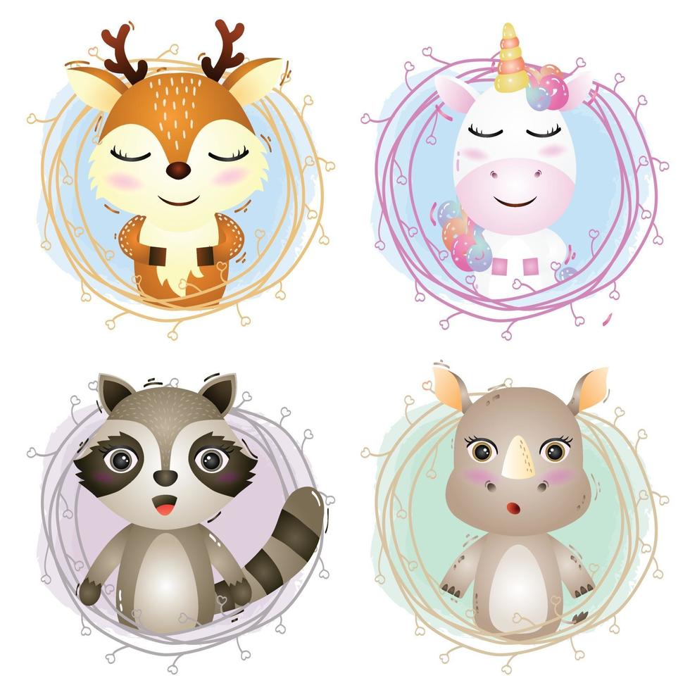 Set of cute animals cartoon in twigs, the character of cute deer, unicorn, raccoon and rhino vector