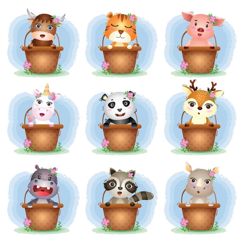 Set of cute animals cartoon in basket, the character of cute pig, yak, tiger, unicorn, rhino, raccoon, hippo, panda and deer vector