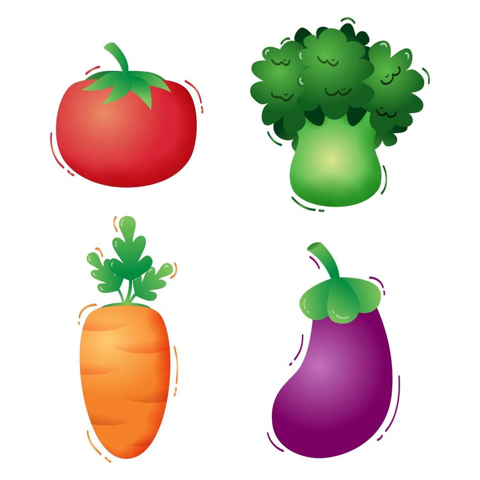 Vegetables collection tomato, broccoli, carrot and eggplant. Vector illustration