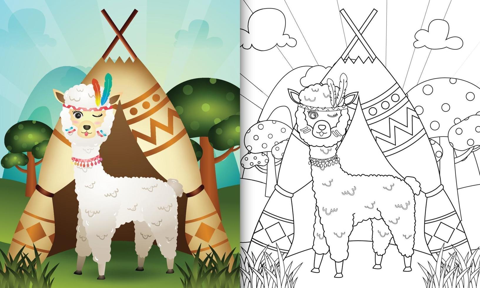 coloring book for kids with a cute tribal boho alpaca character illustration vector