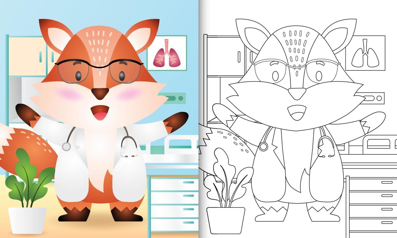 coloring book for kids with a cute fox doctor character illustration vector