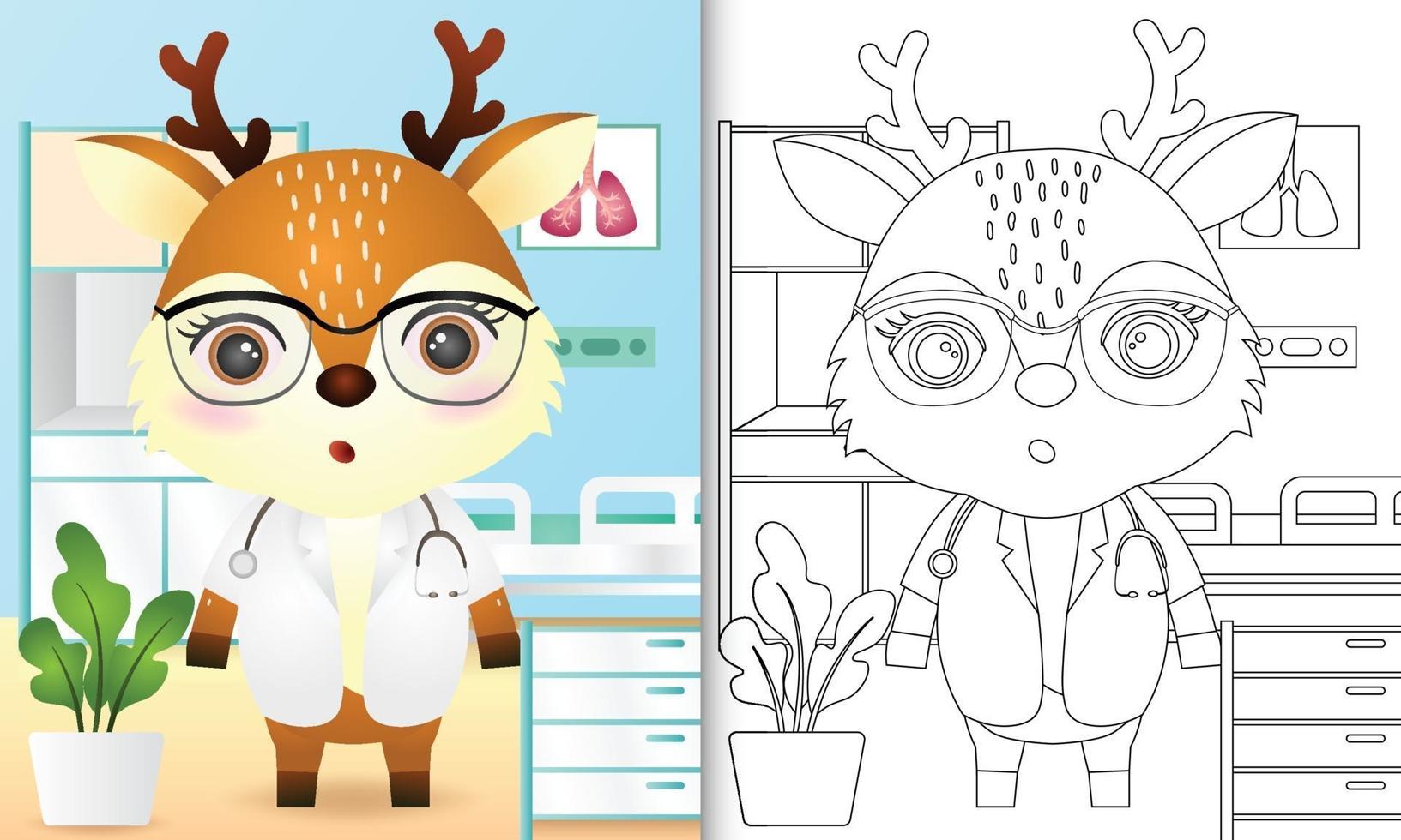 coloring book for kids with a cute deer doctor character illustration vector