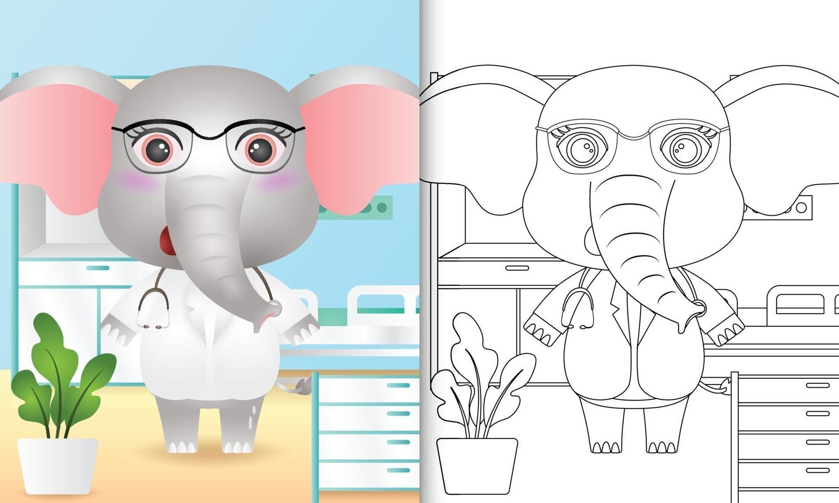 libro para colorear para niños con una linda ilustración de personaje de doctor elefante vector