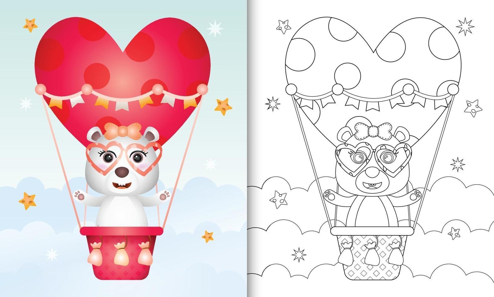 libro para colorear para niños con una linda hembra de oso polar en globo aerostático con tema de amor día de san valentín vector