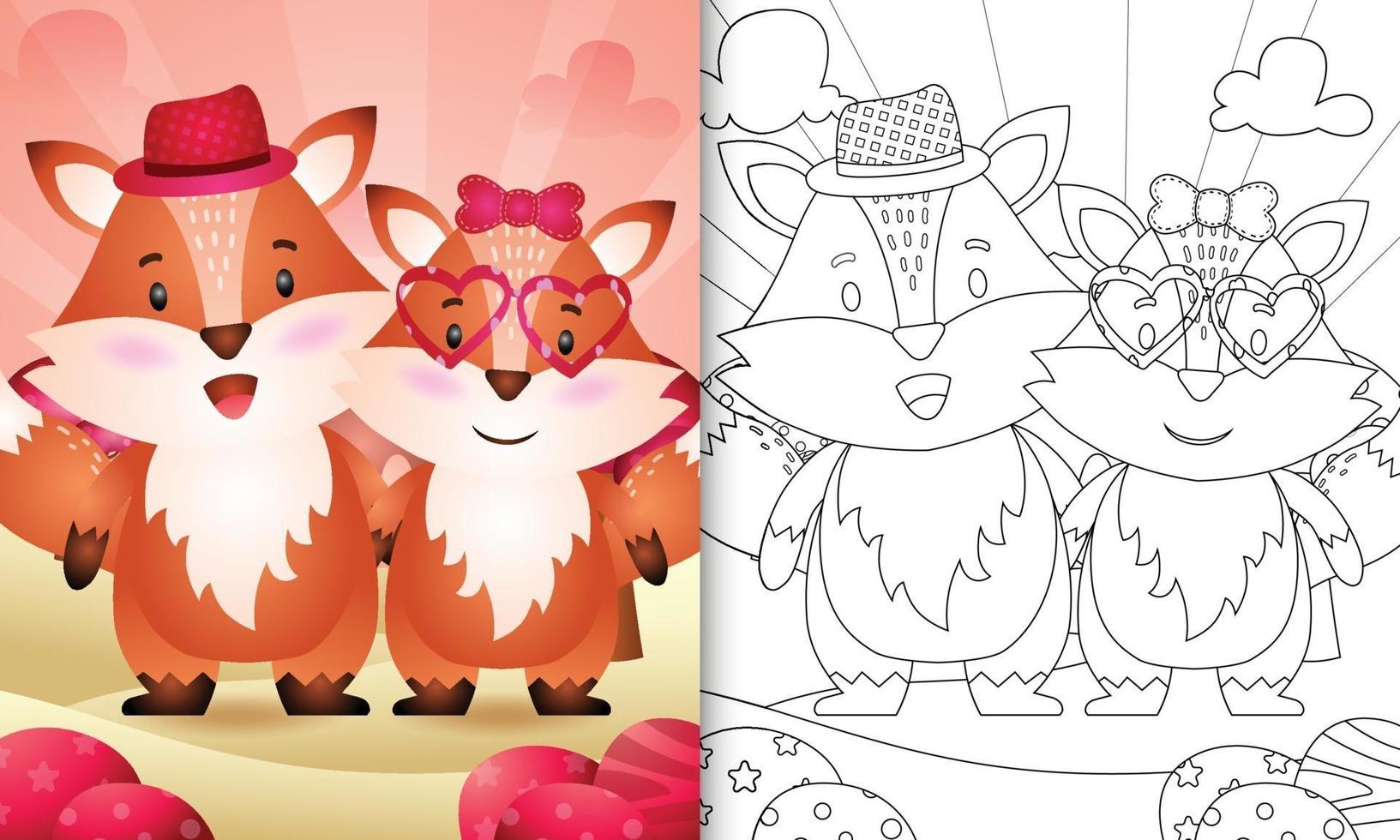 libro para colorear para niños con una linda pareja de zorros temática día de san valentín vector