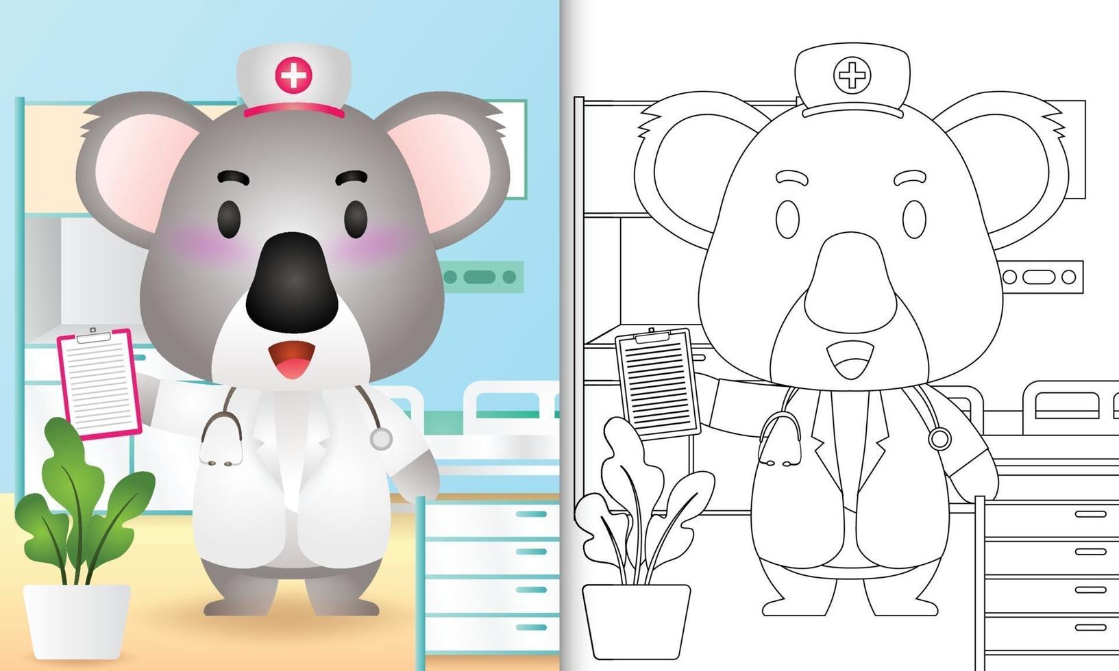 libro para colorear para niños con una linda ilustración de personaje de enfermera koala vector