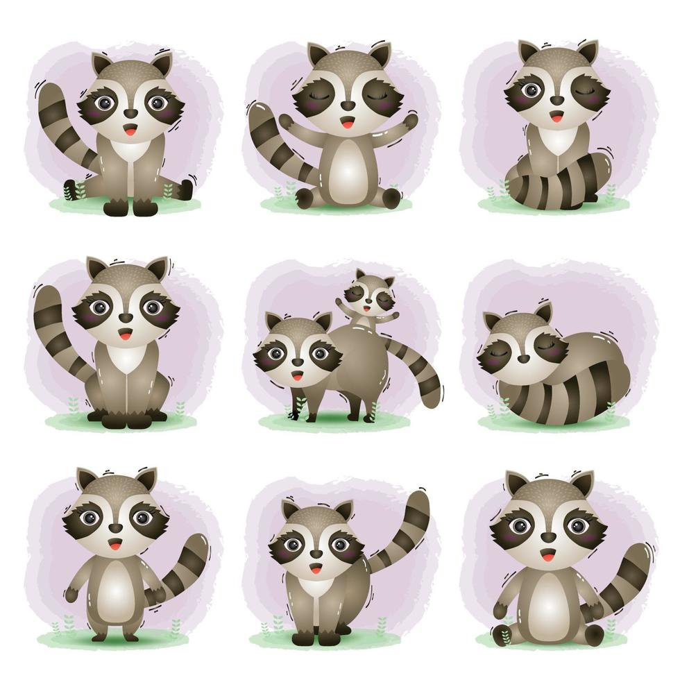 linda colección de mapaches al estilo infantil vector