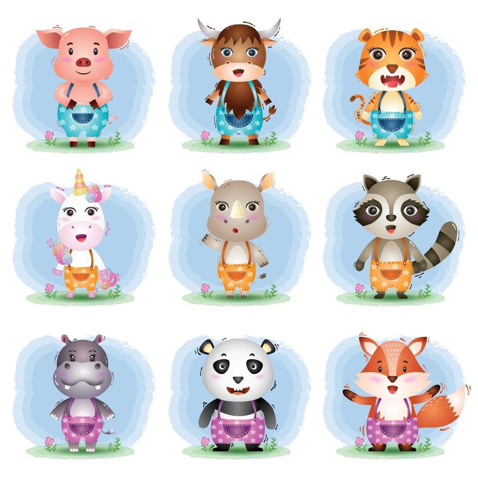 Set of cute animals cartoon, the character of cute pig, yak, tiger, unicorn, rhino, raccoon, hippo, panda and fox vector