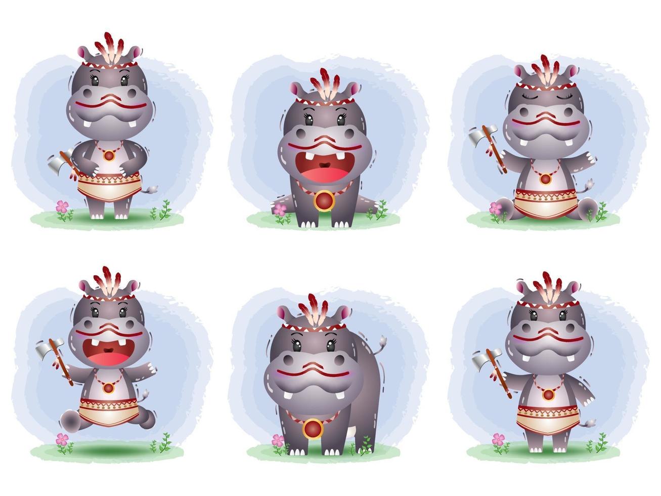 cute hippos collection with apache costume vector