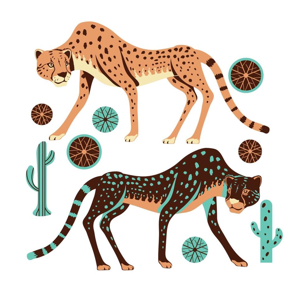 Adorable cheetah hunt with spinifex grass and cactus vector