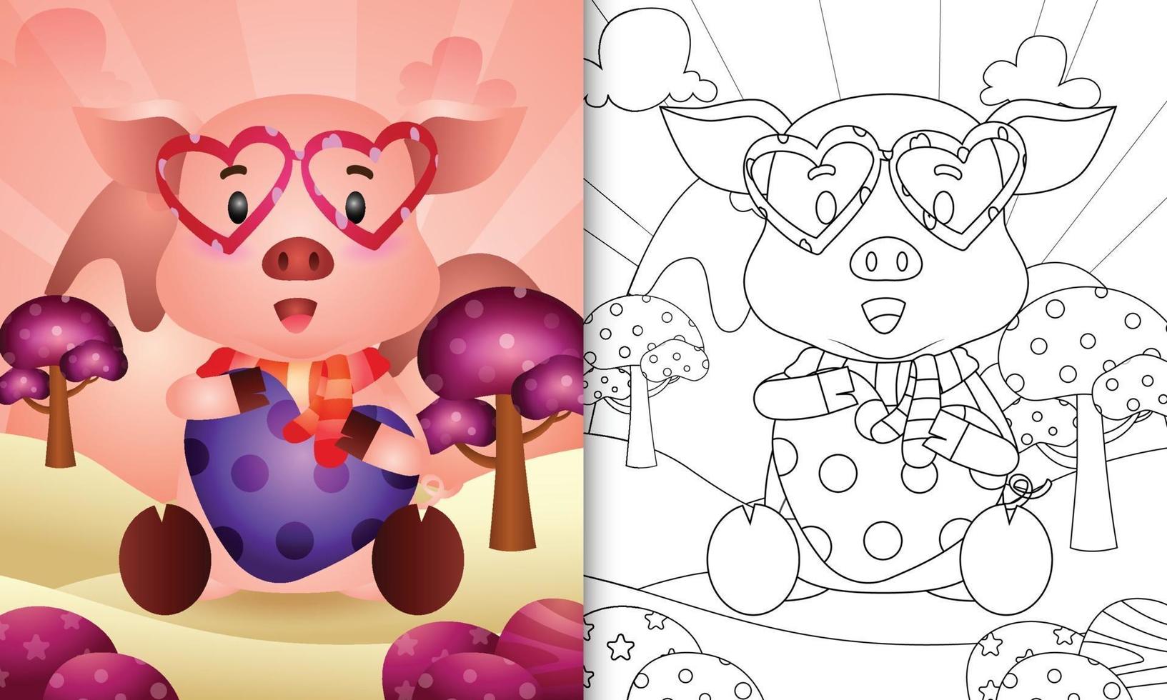 coloring book for kids with a cute pig hugging heart themed valentine day vector