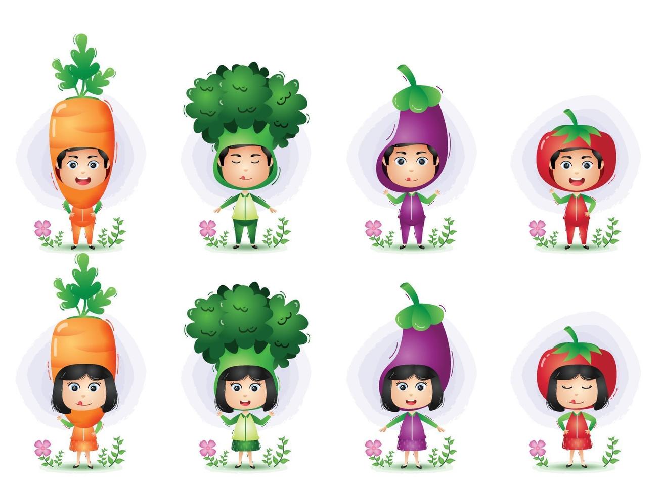 niños usando el personaje de disfraz de verduras. brócoli, berenjena, zanahoria y tomate vector