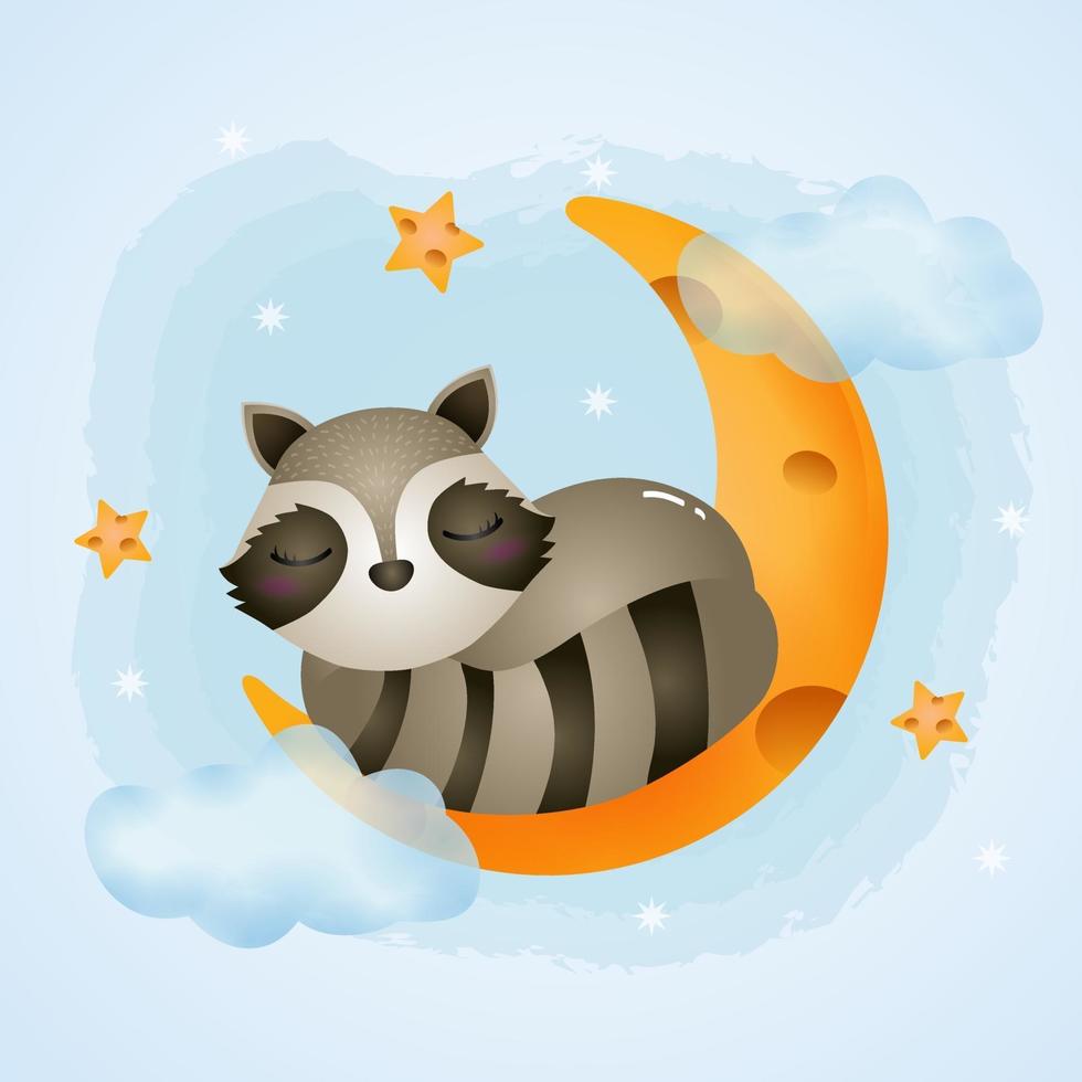 lindo mapache durmiendo en la luna vector