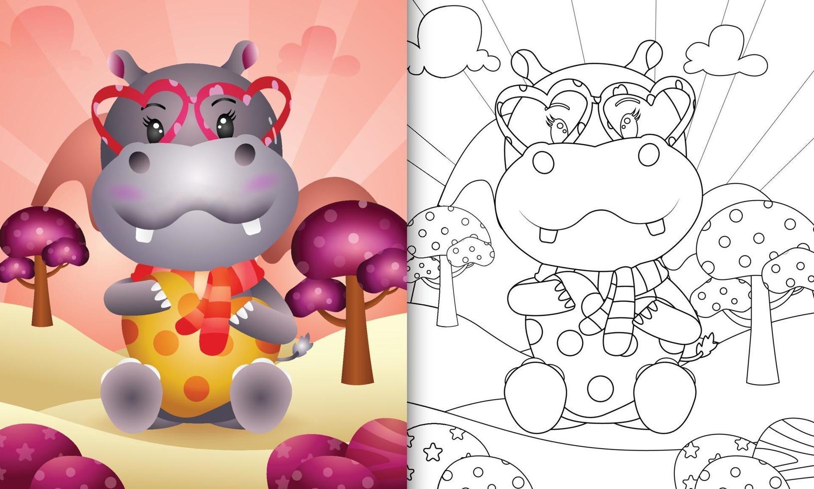 libro para colorear para niños con un lindo hipopótamo abrazando el corazón del día de san valentín vector