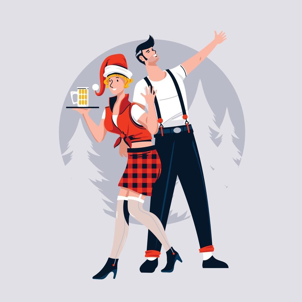 Amor pareja besándose bajo el muérdago durante las vacaciones de Navidad celebrar vector