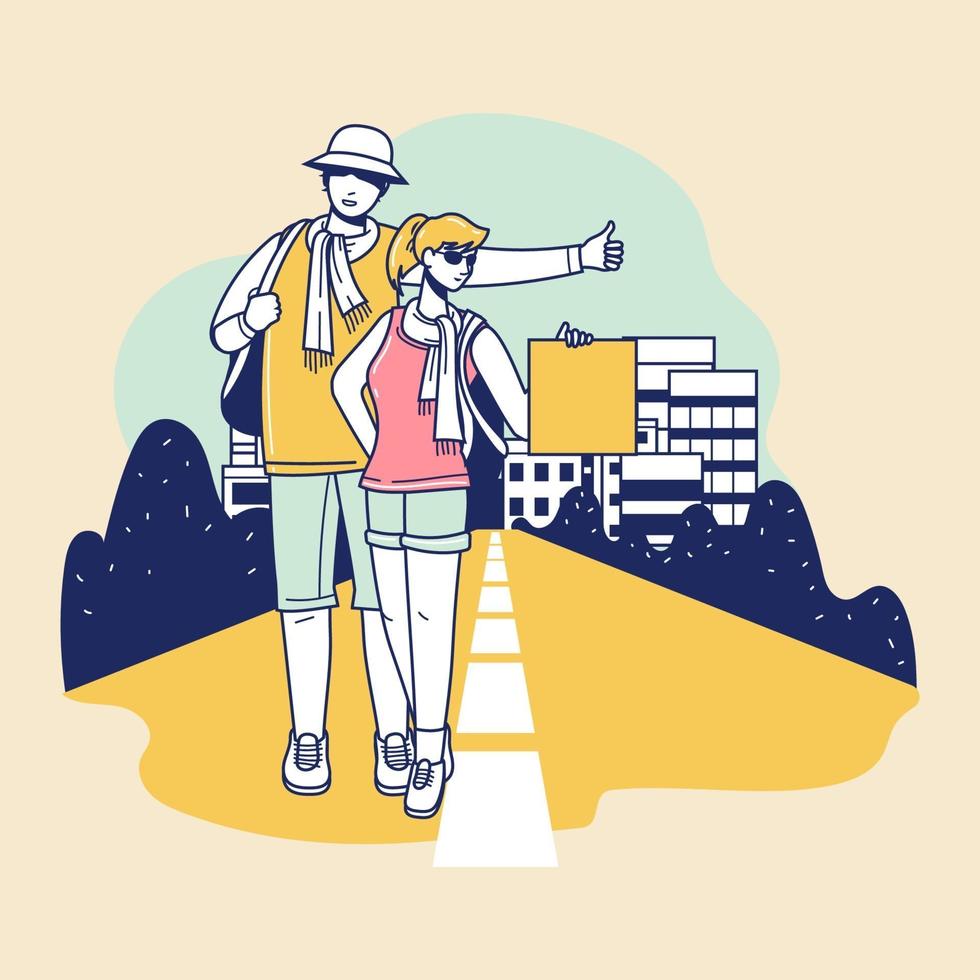 Young tourists with a backpack walking vector