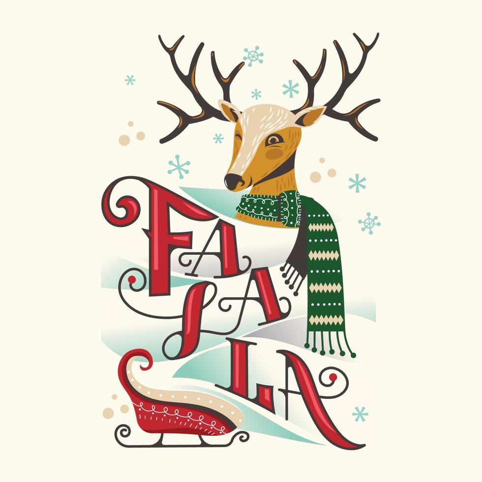 Head of happy reindeer with scarf and Christmas sleigh vector