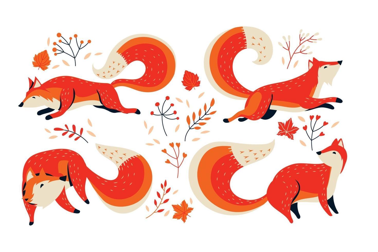 Set of Fox Animal with Foliage Background vector