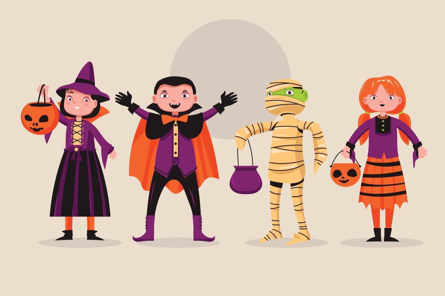 conjunto de lindo personaje de niño de halloween con disfraz vector