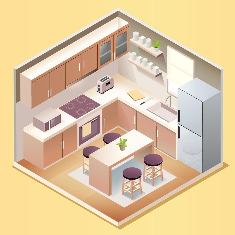 Modern kitchen room interior with furniture and household appliances in isometric style vector