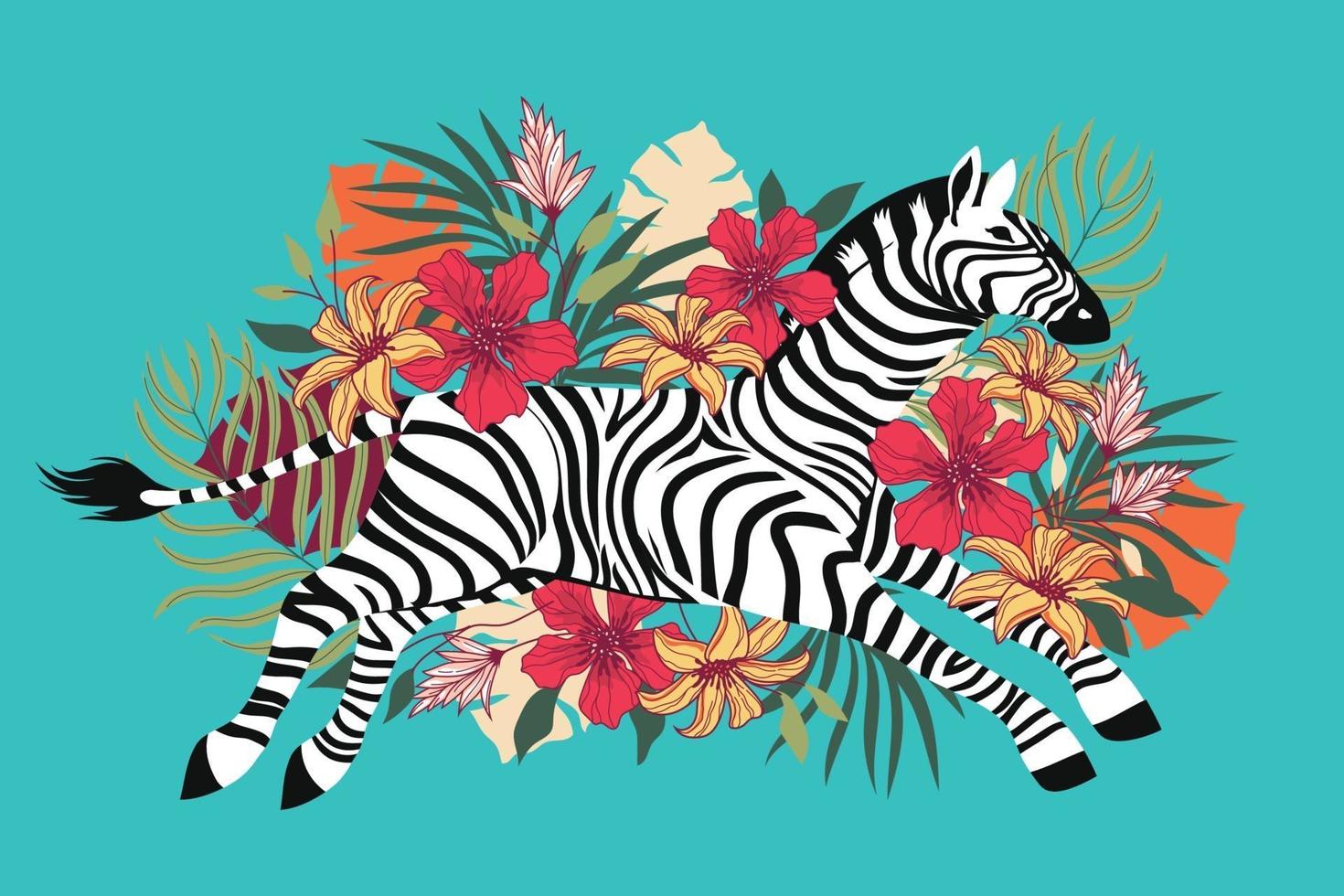 cebra salvaje con fondo de flores tropicales exóticas vector