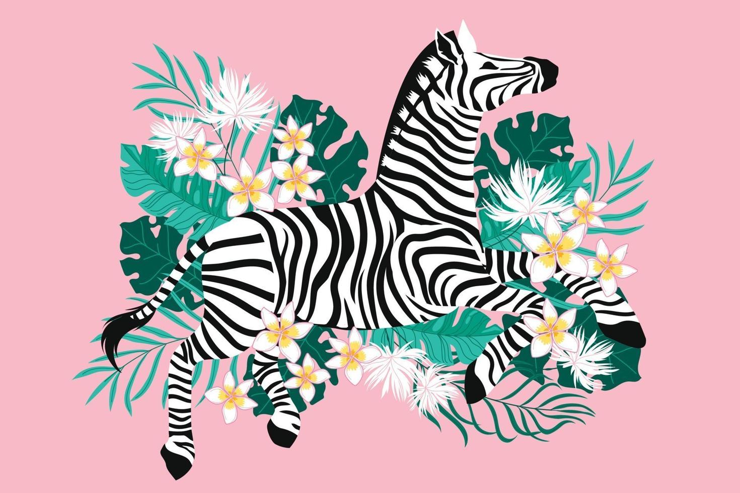 Wild zebra with exotic tropical flower background vector